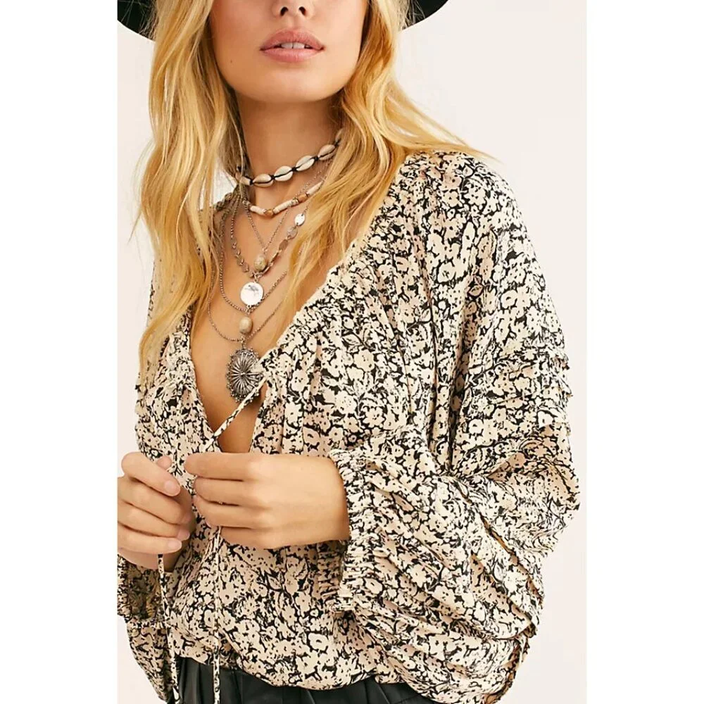Free People FP Intimately All Tucks Printed Bodysuit XS Long Balloon Sleeves $78